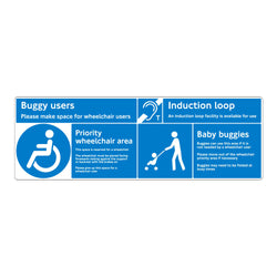 PSV/84/527-Priority Wheelchair and Baby Buggy/Induction loop (Left–facing) Sticker, White Text on Blue Background, 588 x 194mm-PSV Transport Systems Bus and Coach Parts