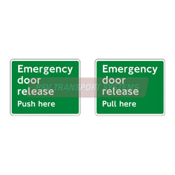 PSV/84/598-Emergency Door Release – Push/Pull Here (NRM) Sticker, White Text on Green Background, 80 x 64mm-PSV Transport Systems Bus and Coach Parts