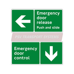PSV/84/599-Emergency Door Release/Emergency Door Control – Left–Facing (NRM) Sticker, White Text on Green Background, 142 x 64mm-PSV Transport Systems Bus and Coach Parts