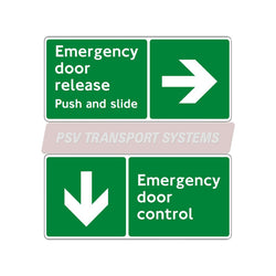 PSV/84/600-Emergency Door Release/Emergency Door Control – Right–Facing (NRM) Sticker, White Text on Green Background, 142 x 64mm-PSV Transport Systems Bus and Coach Parts