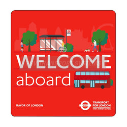 PSV/84/608-Welcome Aboard (Small) Sticker, White Text on Red Background, 200 x 200mm-PSV Transport Systems Bus and Coach Parts