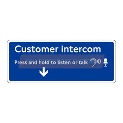 PSV/84/610-Customer Intercom (NRM- Single Arrow) Sticker, White Text On Blue Background, 100 x 40mm-PSV Transport Systems Bus and Coach Parts