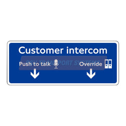 PSV/84/611-Customer Intercom (Double Arrow) Sticker, White Text On Blue Background, 100 x 40mm-PSV Transport Systems Bus and Coach Parts