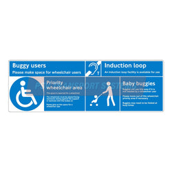 PSV/84/639-Priority Wheelchair and Baby Buggy/Induction loop (Right–facing) Sticker, White Text on Blue Background, 588 x 194mm-PSV Transport Systems Bus and Coach Parts