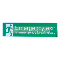 PSV/13/702-Emergency Exit. In Emergency Break Glass Heavy duty Encapsulated Label. White Text on Green Background with White Emergency Exit Symbol-PSV Transport Systems Bus and Coach Parts